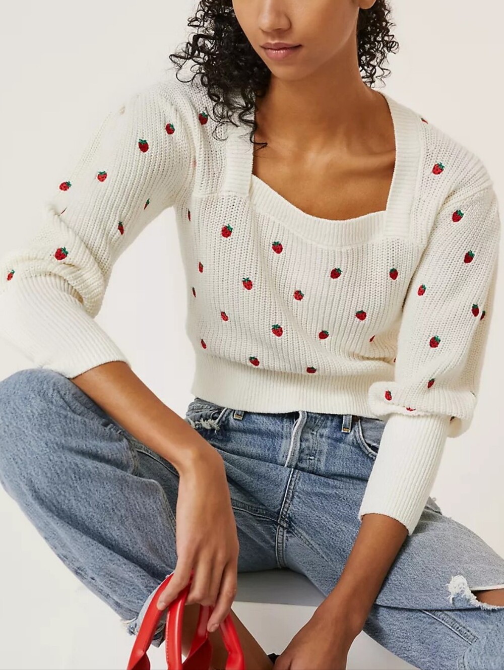 Anthropologie Maeve Strawberry Embroidered Sweater Top S